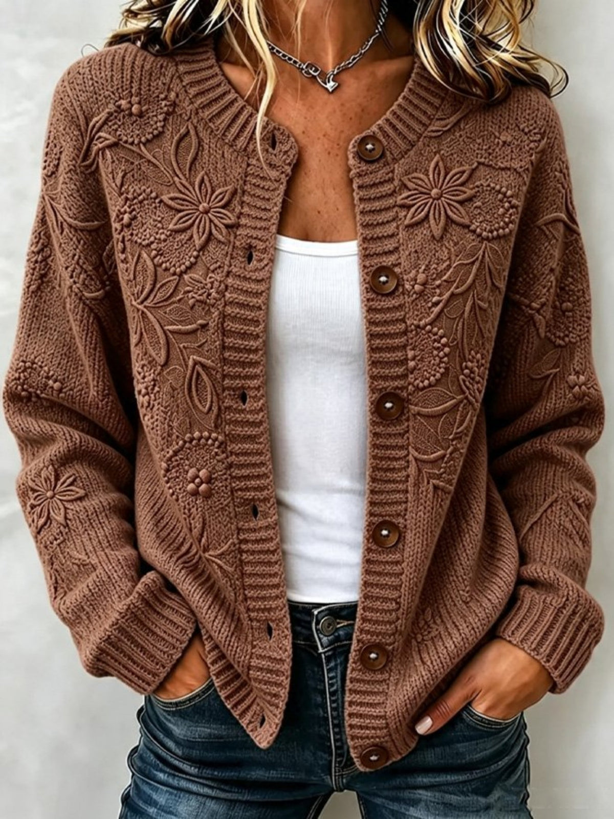 Women Floral Long Sleeve Crew Neck Casual Spring/Fall Cardigan Outerwear